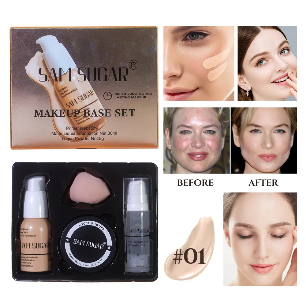 SAM SUGAR Makeup Base Set – Primer, Foundation & Loose Powder