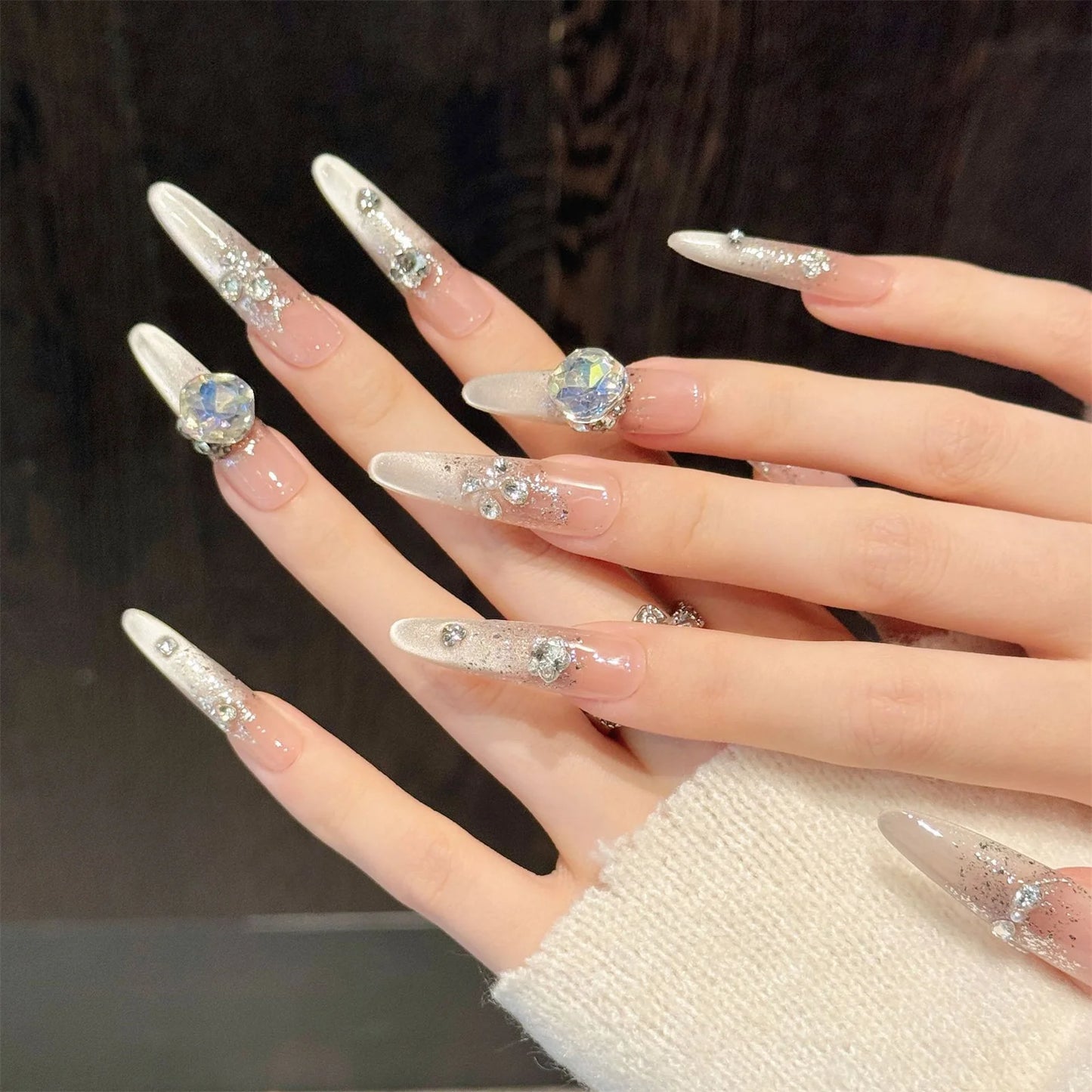 10pcs Handmade Press on Nails French Cat's Eye Fake Nails with Flash Rhinestones Decor Wearable Shiny Gradient False Nail Tips Peaceful Pleasures Health and Wellness S 1