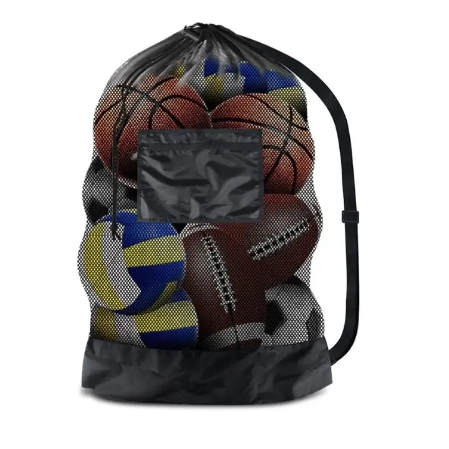Large mesh sports bag with shoulder straps, drawstring bag for storing basketball, volleyball, baseball, and swimming equipment Peaceful Pleasures Health and Wellness Black-With pockets