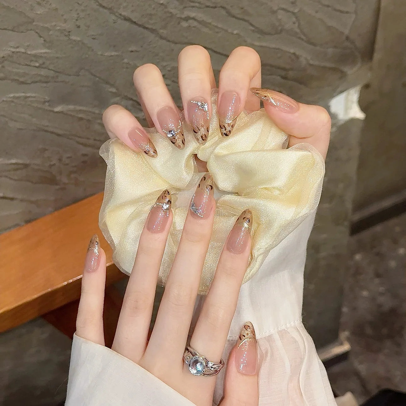 Handmade French Leopard Press-On Nails | Rhinestone Almond Tips