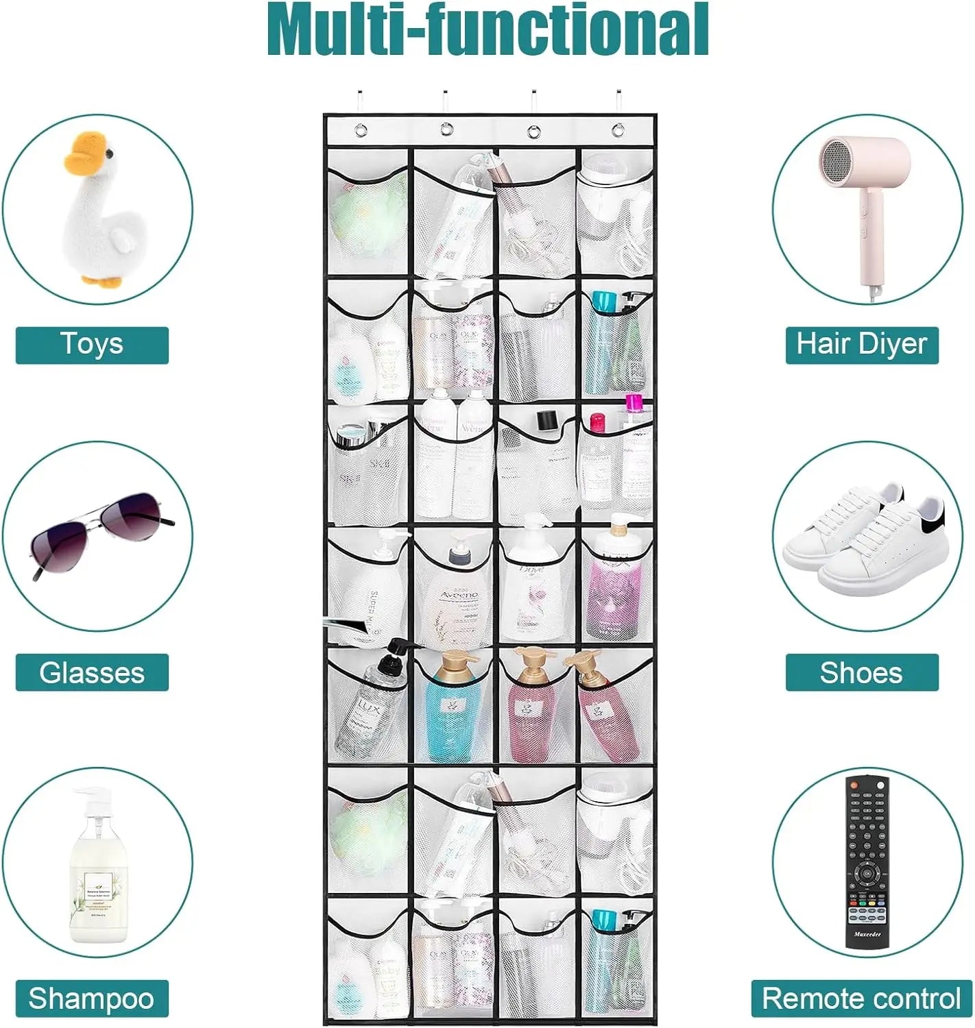 Multifunctional hanging organizer with various items shown on a white background