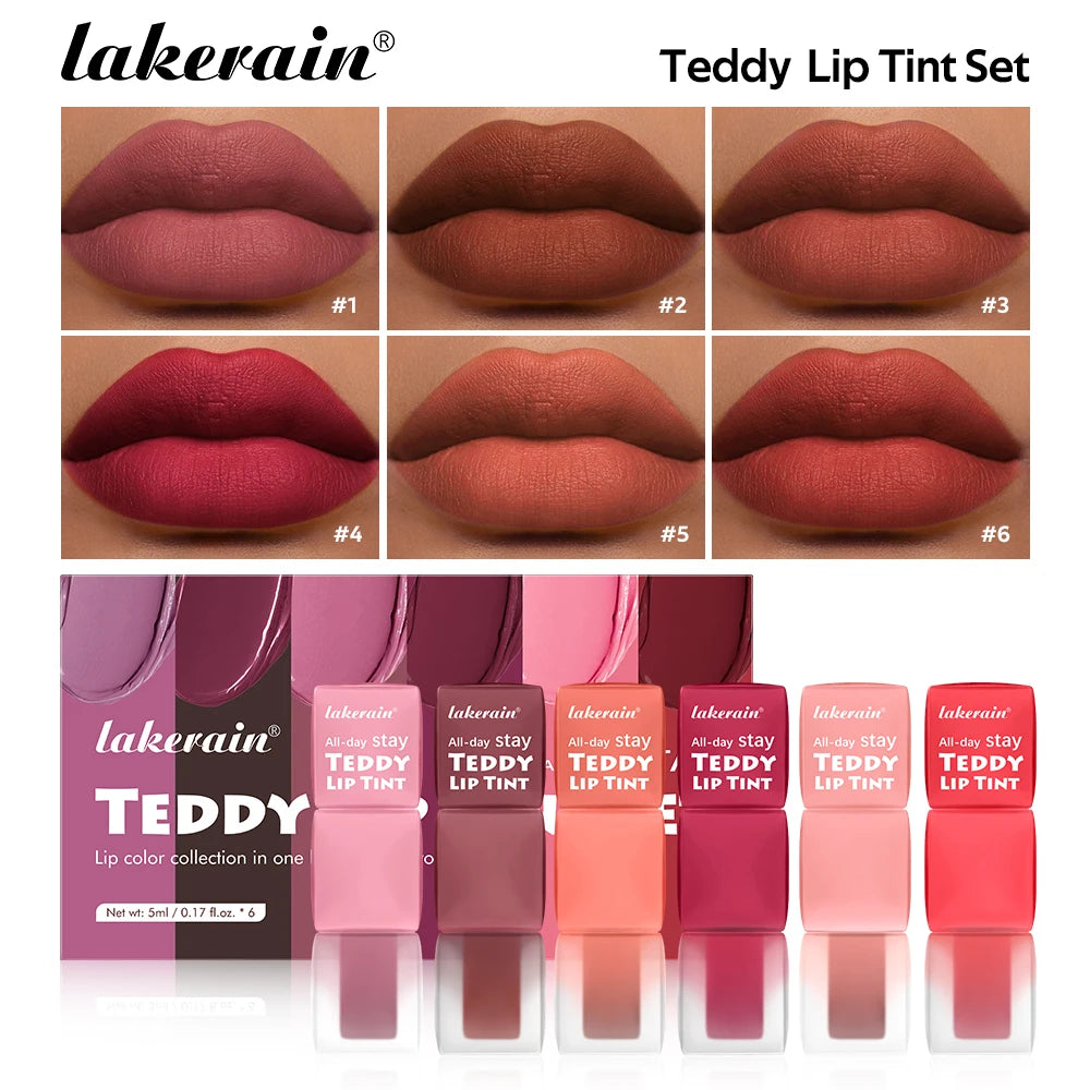 6pcs/set Teddy Velvet Non-stick Cup Lip Glaze Matte Lipstick Waterproof Longlasting Color Liquid Silky Saturation High Lip Gloss Peaceful Pleasures Health and Wellness set