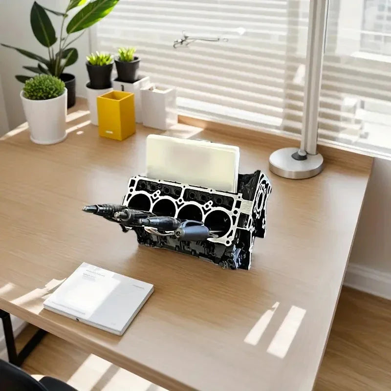 Creative Engine Block Desk Organizer Business Card Pen Holder Perfect Gift for Car Enthusiasts Resin Construction Peaceful Pleasures Health and Wellness