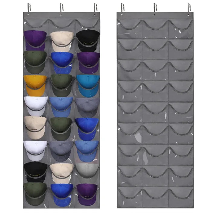 24-Pocket Clear Door Hanging Hat Organizer Storage Rack for Baseball Caps Bedroom Hat Storage Holder Protect Rack Peaceful Pleasures Health and Wellness GRAY