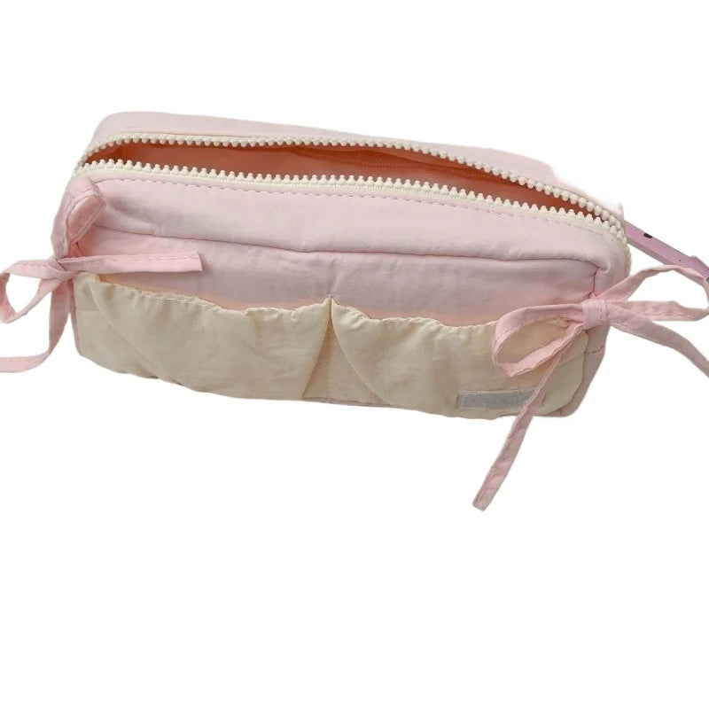 Small Fresh Cloud Toast Bow High Beauty Student Pen Case Multi Functional Large Capacity Storage Bag Peaceful Pleasures Health and Wellness Pink