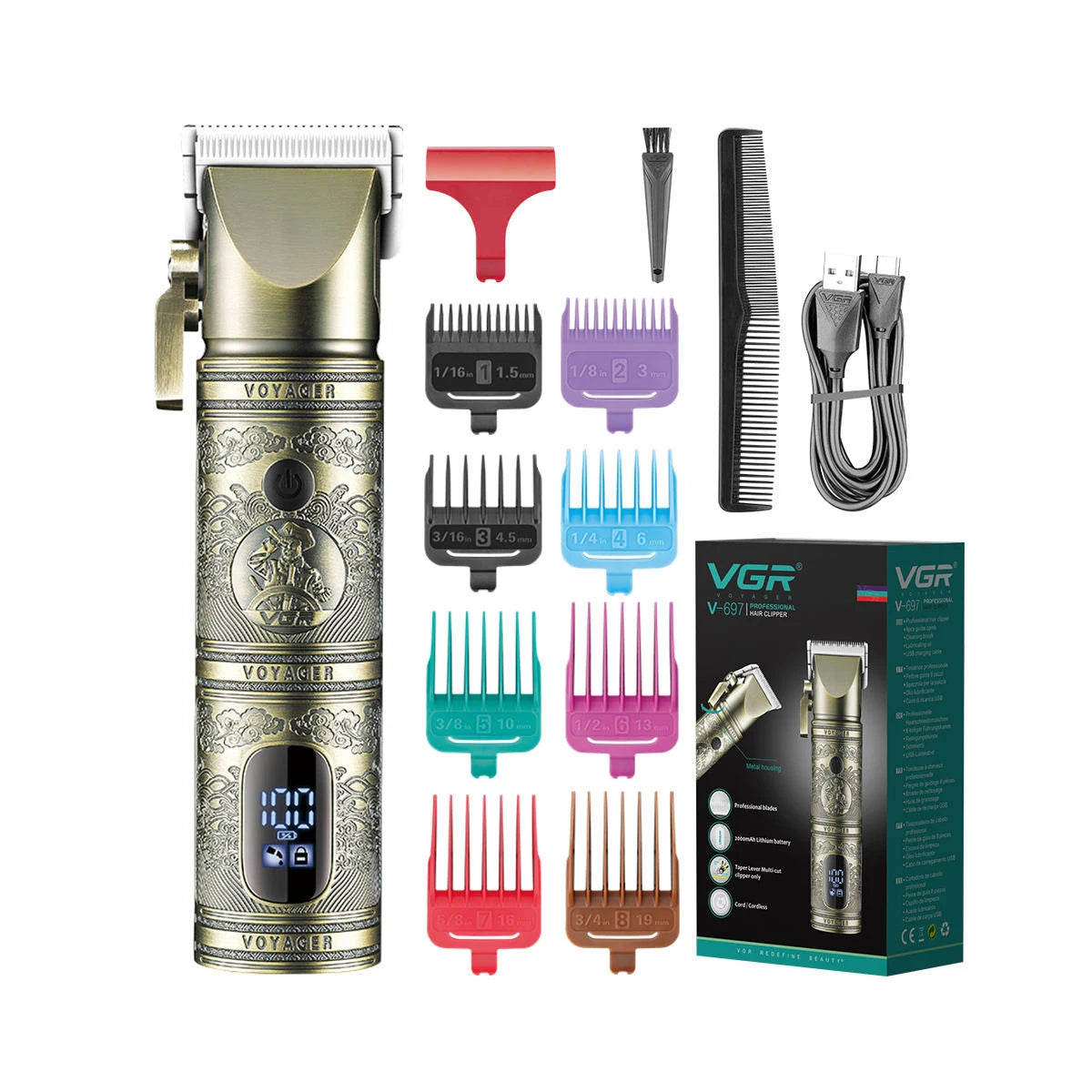 VGR professional high-end hair trimmer set, retro metal electric push shear, home LED intelligent digital hair clipper, shaver Peaceful Pleasures Health and Wellness USB 4