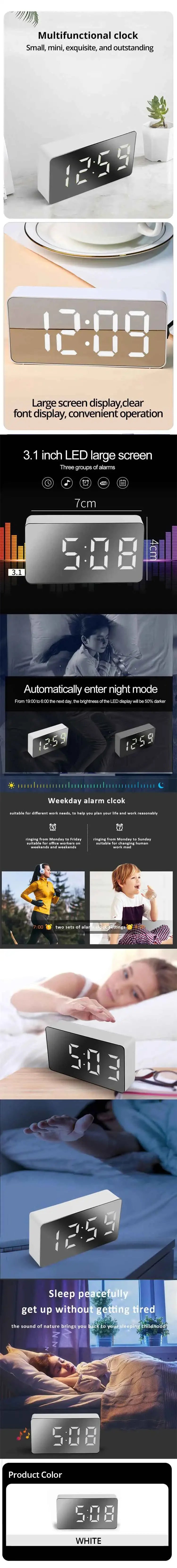 1Pc White LED Mirror Table Clock Snooze Display Time Night Light Desktop USB Alarm Clock Home Decor Peaceful Pleasures Health and Wellness