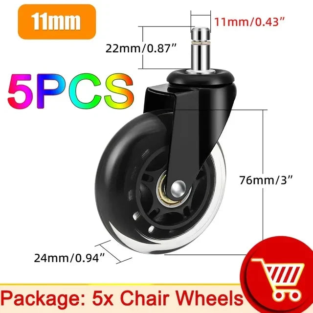 5-Pack Silent Office Chair Casters 50KG – 10mm/11mm Swivel Wheels