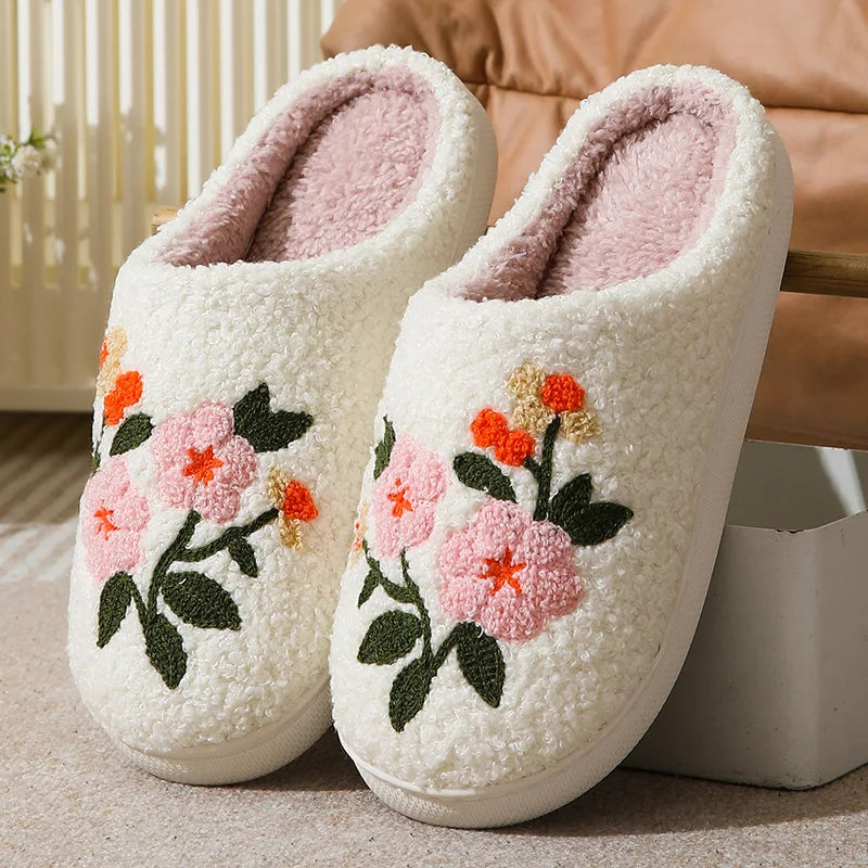 Women's Fluffy Plush Flower Slippers – Soft Non-Slip Indoor Slides