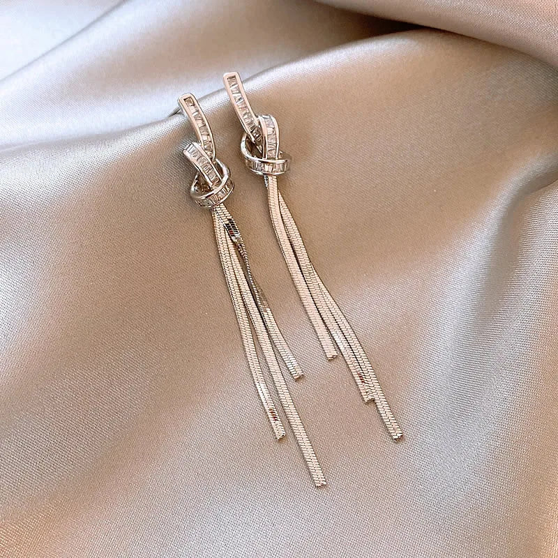 Long Diamond Studded Tassel Earrings Light Luxury Knotted Gold Silver