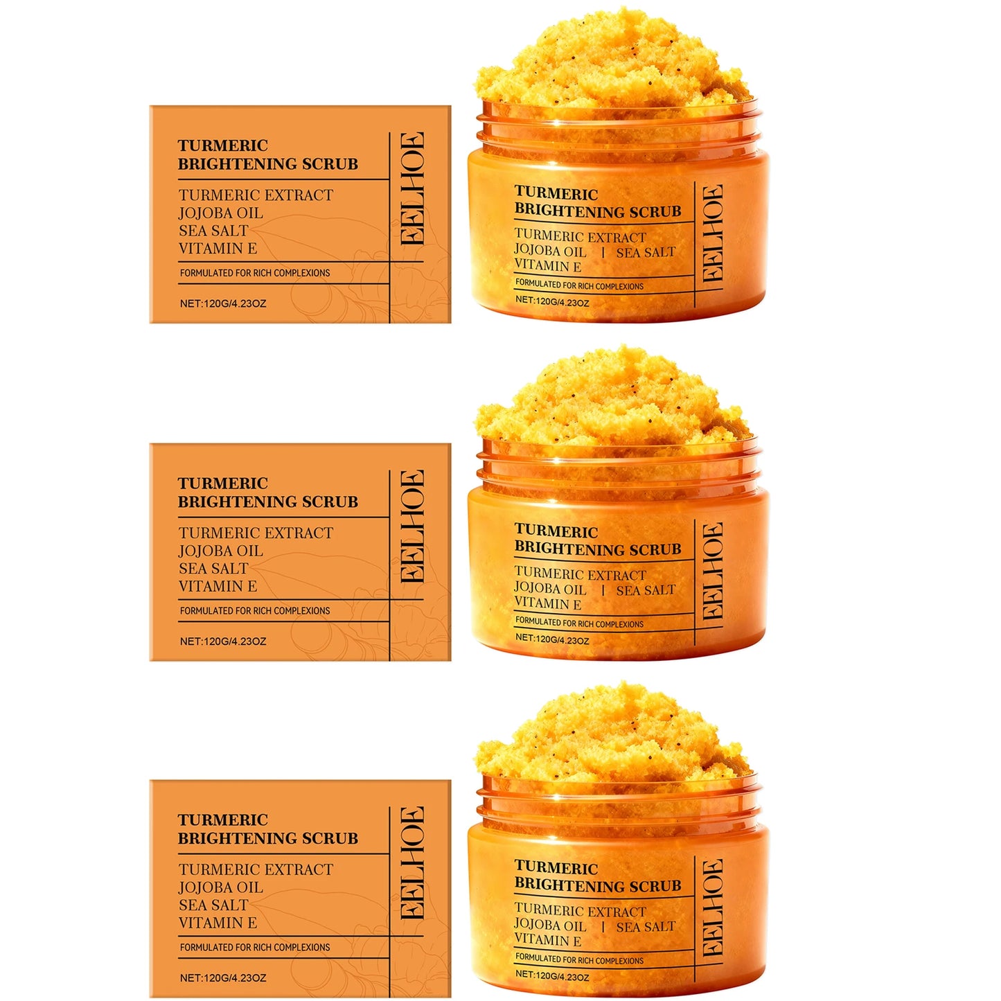 Turmeric Vitamin E Exfoliation scrub Smoothing Brightening Skin Care Reduce Dark Spots refreshed Turmeric Body Scrub Cosmetics Peaceful Pleasures Health and Wellness 3 x 120g Boxed