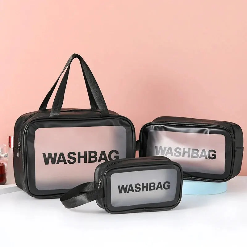 1pcs Pu Transparent Three Piece Makeup And Toiletries Bag, Large Capacity Pvc Semi Transparent Frosted Portable Storage Bag Peaceful Pleasures Health and Wellness black Small size