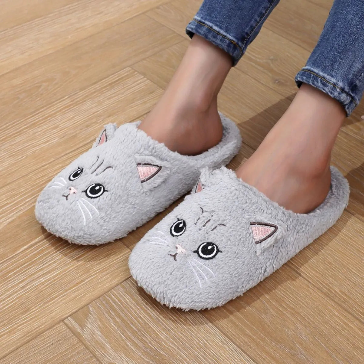 Women's Furry Cat Slippers – Soft Plush Non-Slip Indoor House Shoes