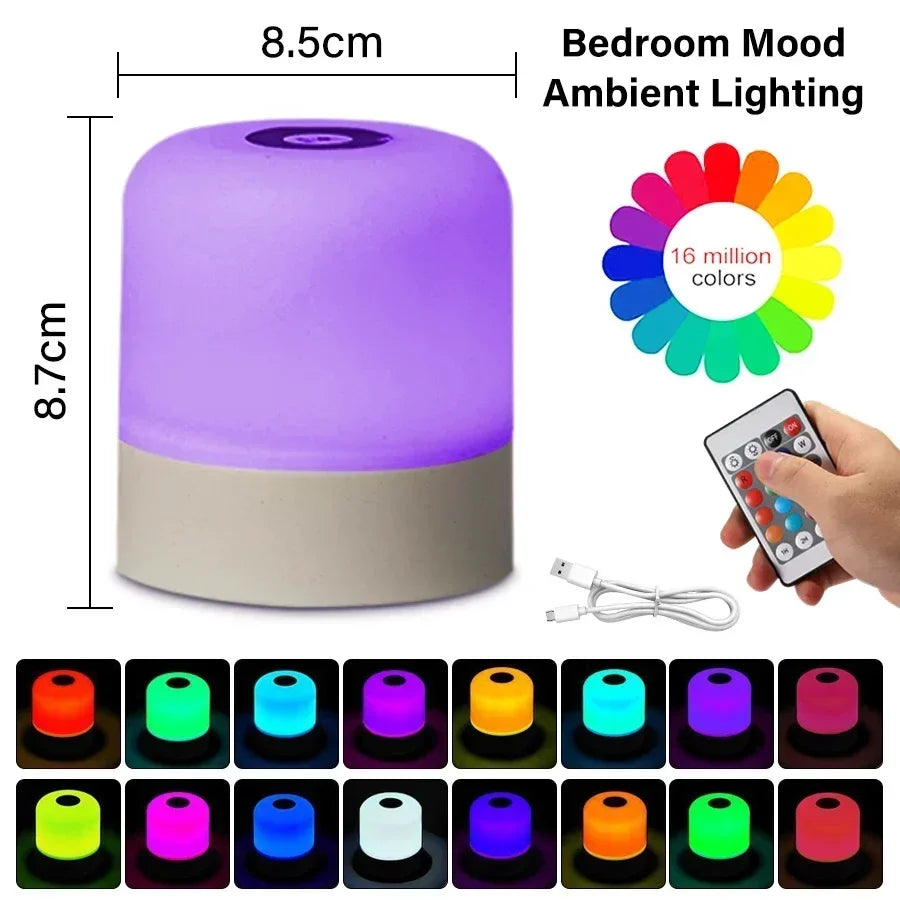 RGB LED Table Lamp Dimmable Bedside Lamp For Bedroom Tricolor 16Color Change Touch Night Light Rechargeable Portable Night Lamp Peaceful Pleasures Health and Wellness RGB 16 Colors