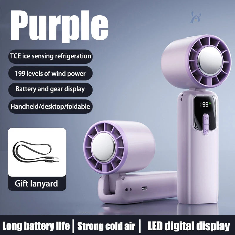 Lenovo Portable Handheld Small Fan 100-Speed Powerful Wind Cold Air Electric Fan Charging Foldable 90° Adjustable Outdoor Travel Peaceful Pleasures Health and Wellness Purple-refrigeration