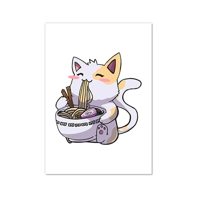 Art Print Watercolor Sushi Poster Kitchen Wall Canvas Painting Japan Restaurant Decor Japanese Ramen Noodles Cat Illustrated Peaceful Pleasures Health and Wellness T80287-02 20x30cm Unframed