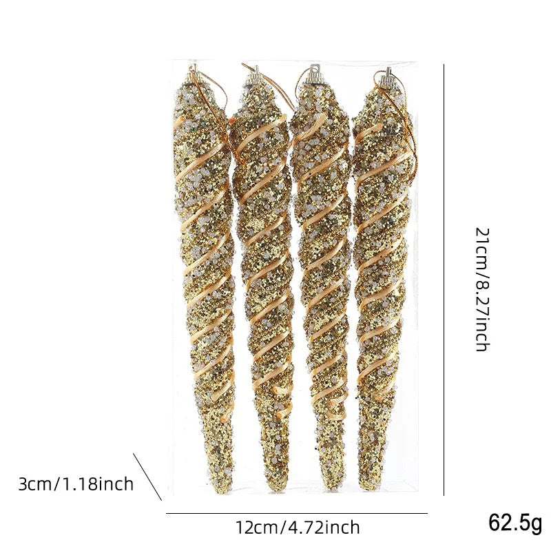 4PCS Glitter Icicle Christmas Tree Ornaments – 21cm Spiral Set