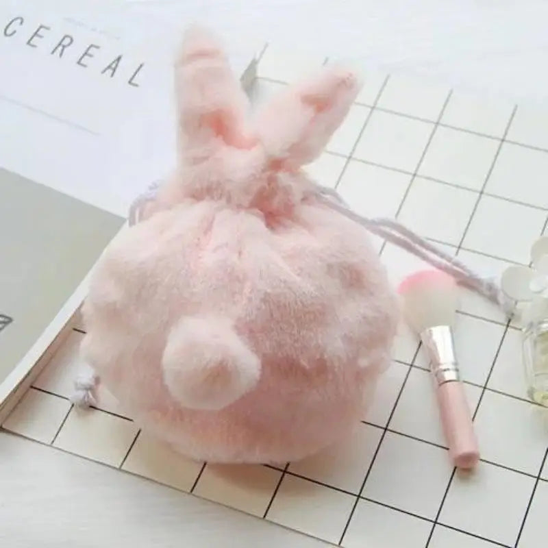 Cute Bunny Ear Drawstring Bag – Kawaii Plush Cosmetic Pouch