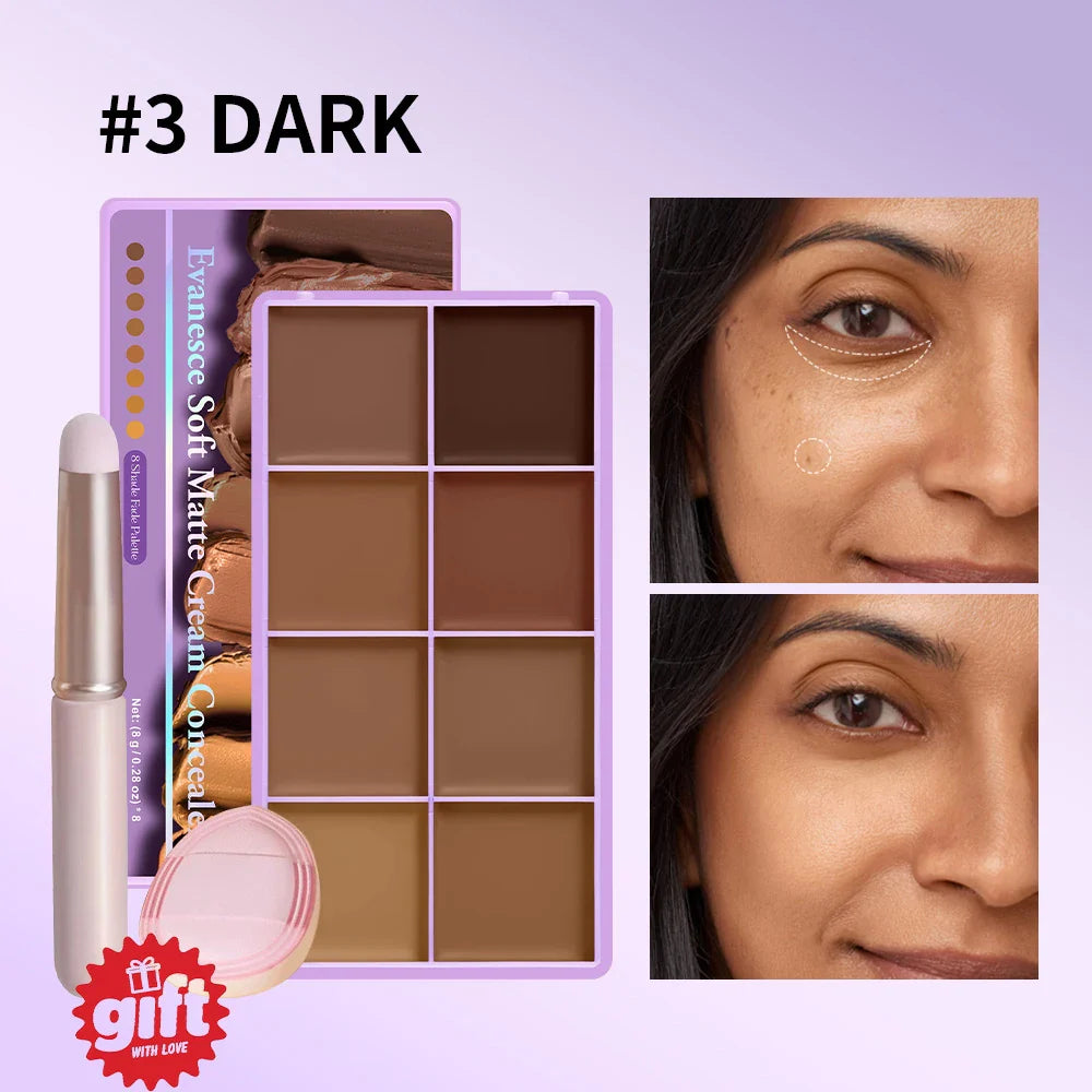 8-Shade Cream Concealer Palette with Brush & Puff | Full Coverage