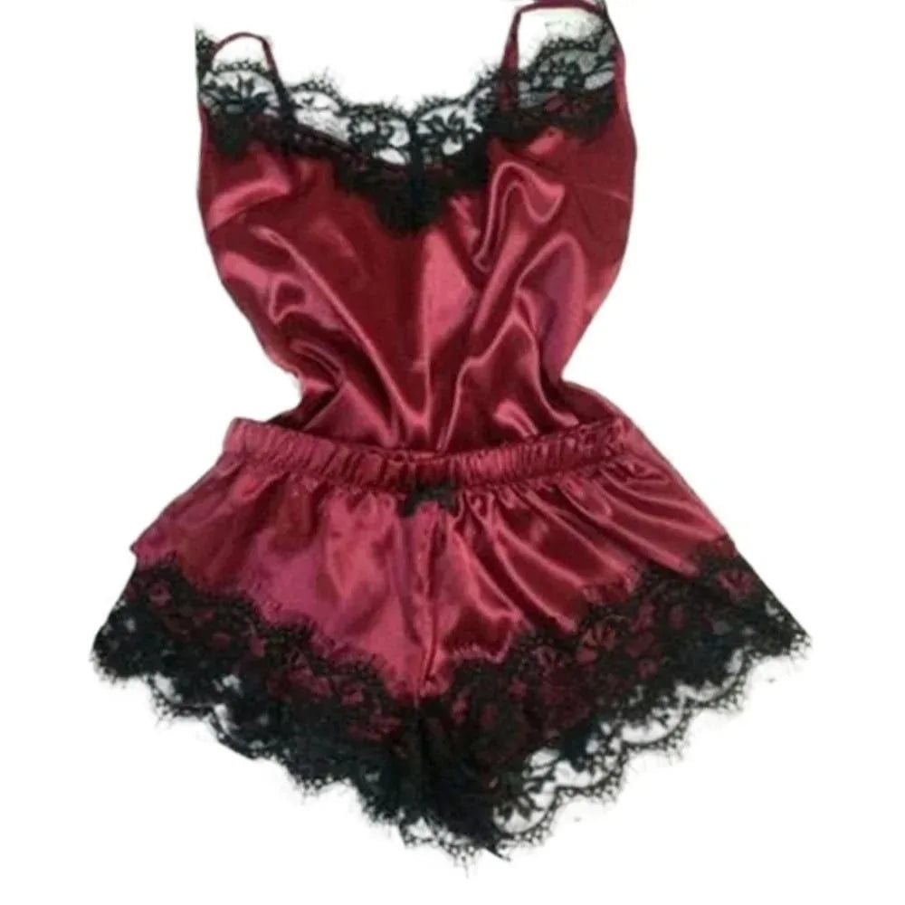 Women's Satin Lace Bowknot Pajama Set – Camisole & Shorts Women's Pajama Set Peaceful Pleasures Health and Wellness Wine Red One Size