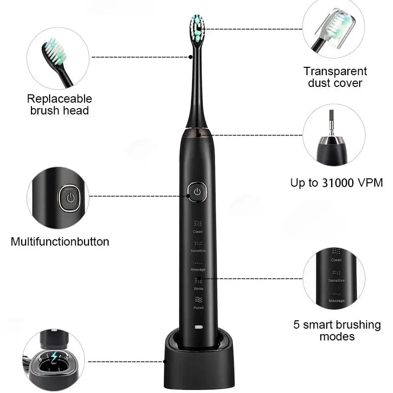 Sonic Electric Toothbrush IPX7 Rechargeable | 5 Modes, 8 Heads Electric Toothbrush Peaceful Pleasures Health and Wellness