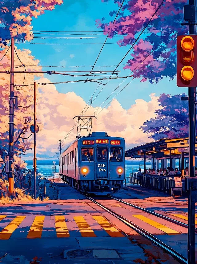 Japanese Anime Landscape Canvas Print | Tram Train Ocean Wall Art Canvas Wall Art Print Peaceful Pleasures Health and Wellness 11 20x30cm Unframed