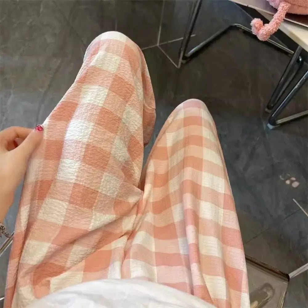 Women's High Waist Wide Leg Plaid Pajama Pants | Cotton Pajama Pants Peaceful Pleasures Health and Wellness XXXS orange lattice