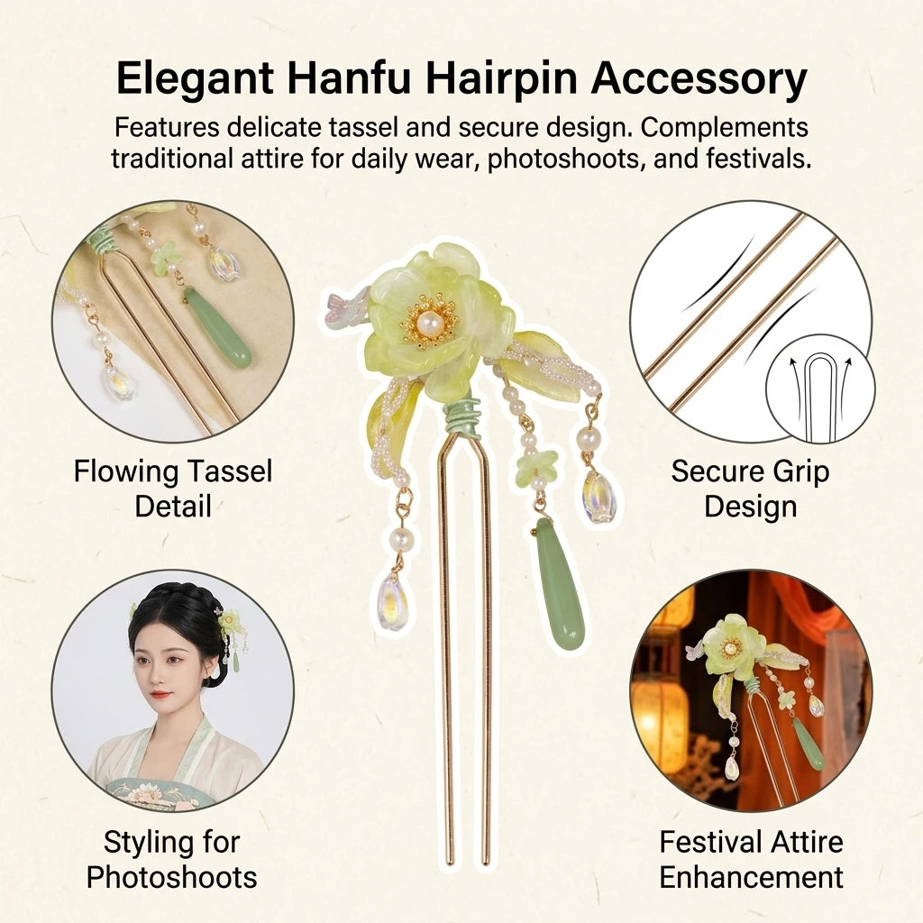 Green Classical Hairpin For Hanfu Alloy Tassel Design Peaceful Pleasures Health and Wellness