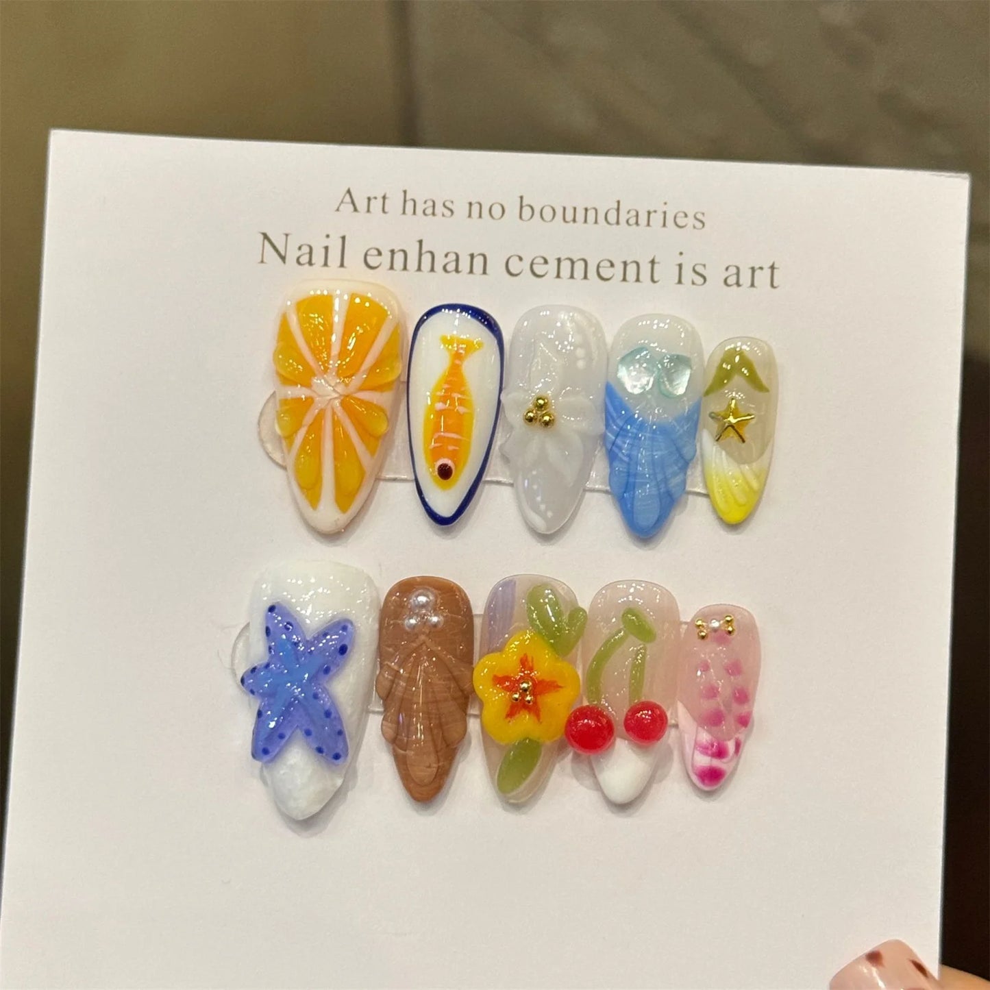 10pcs Handmade Press on Nails Island Flower Decor Glitter Fake Nails Wearable 3D Hand-Carved French False Nail Tips Almond Shape Peaceful Pleasures Health and Wellness S 1