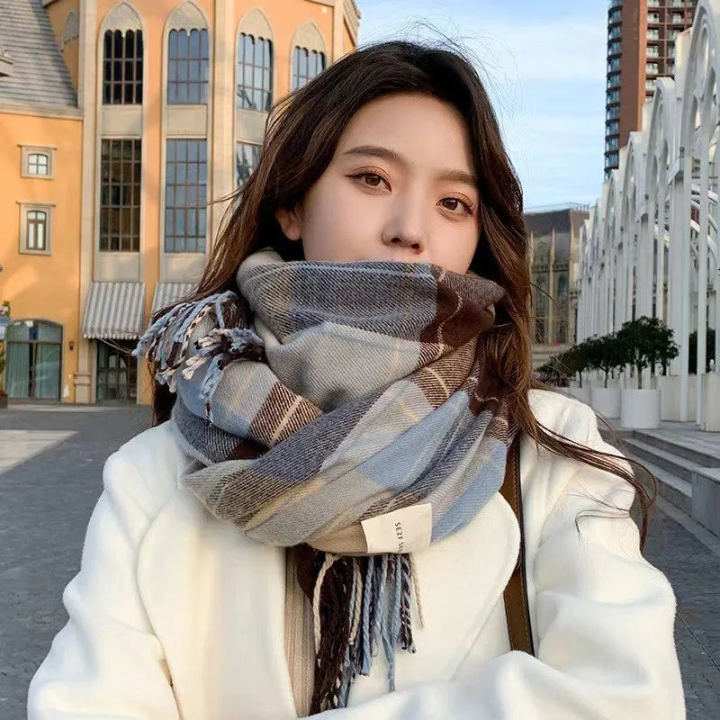 1PC Women's Autumn and Winter New Style, Fresh and Elegant, Imitation Check Pattern Fringe Scarf, Stylish and Versatile, Provide Peaceful Pleasures Health and Wellness Blue One Size
