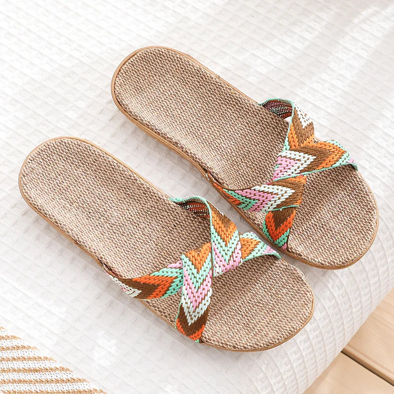 Women's Crossed Linen Flat Slippers – Indoor Beach Sandals