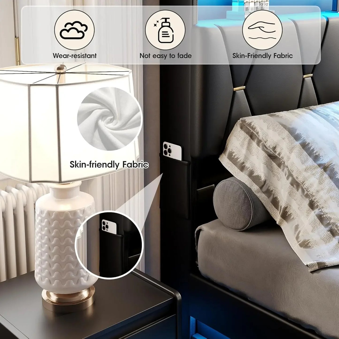 Queen Size Lift-Up Storage Bed Frame with LED Lights, Charging Station & Noise-Free Design Peaceful Pleasures Health and Wellness