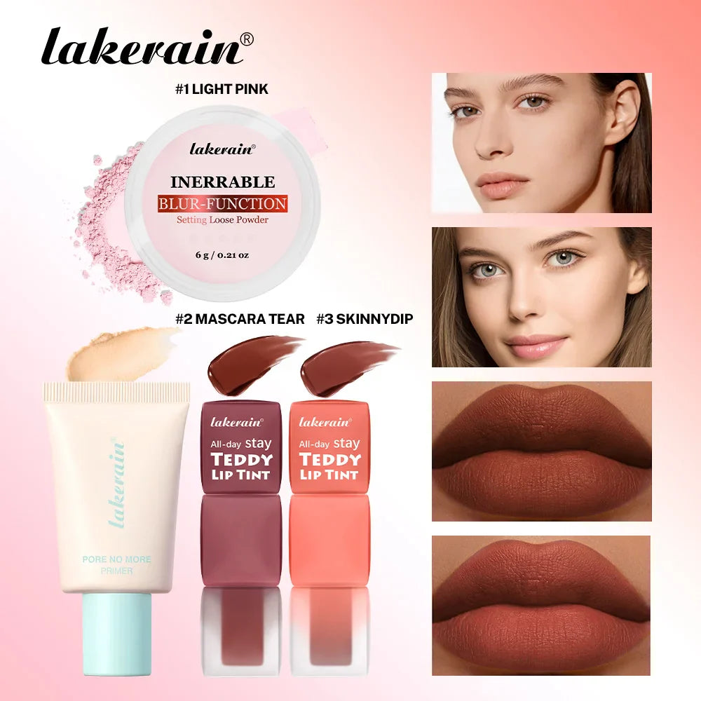 Lakerain 4-Piece Makeup Set – Primer, Lip Tint & Setting Powder