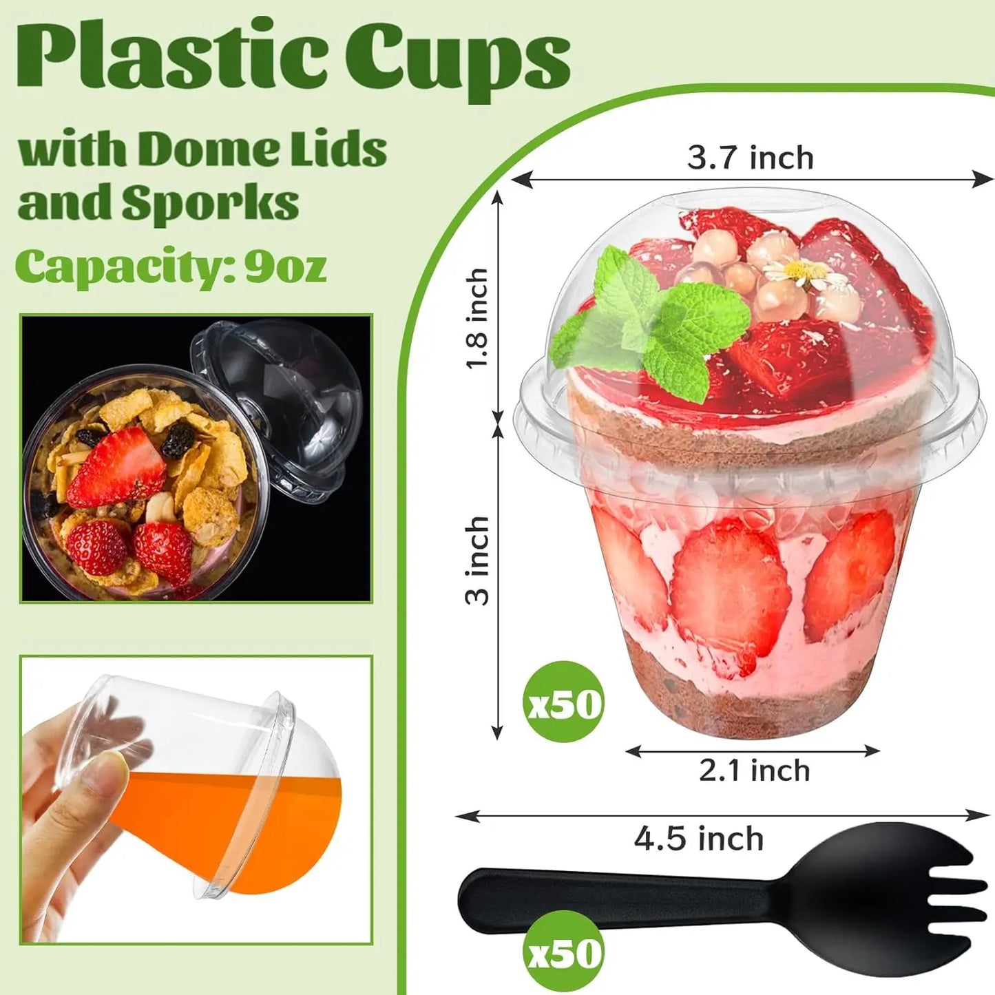 9OZ Clear Plastic Cups With Dome Lids Crystal Clear Dessert Cups for Ice Cream Latte Cold Drinks Pudding Cupcake Snack or Fruits Peaceful Pleasures Health and Wellness Dome Sporks 50pcs