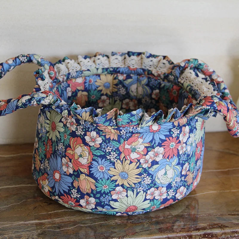 Korean Pastoral Fabric Storage Basket Sundries Toy Cosmetic Storage Box Cute Floral Underwear Organizer Furniture Decoration Peaceful Pleasures Health and Wellness B