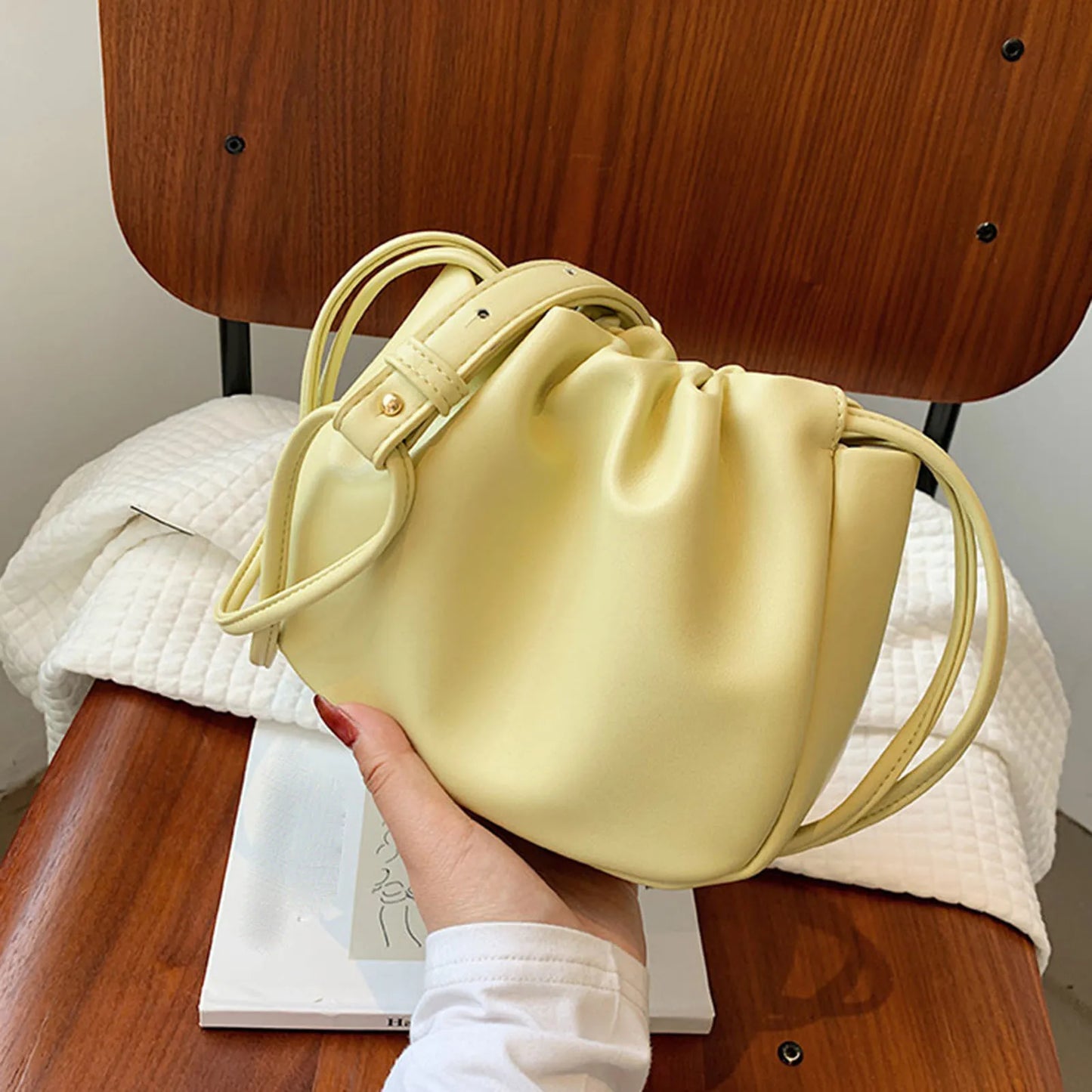 Soft PU Leather Shoulder Bags Versatile Pleated Crossbody Bags with Adjustable Strap for Women Travel Party Work Peaceful Pleasures Health and Wellness Yellow
