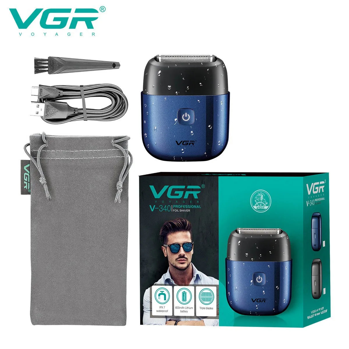 VGR 340 Shaver Professional Electric Razor Reciprocating Shaving Machine IPX7 Waterproof Beard Trimmer Mini Shaver for Men Peaceful Pleasures Health and Wellness V-340 blue
