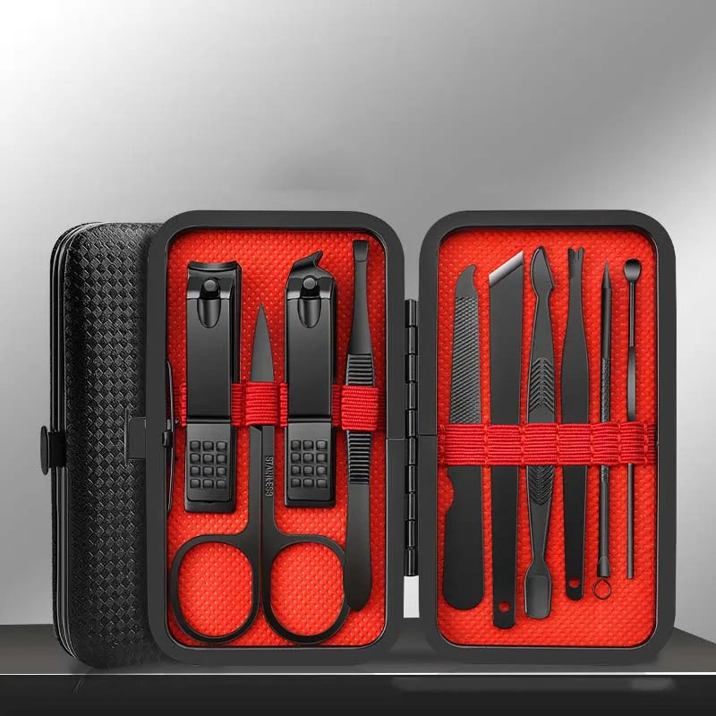 9-Pc Stainless Steel Tweezers & Nail Scissors Kit | Leather Case