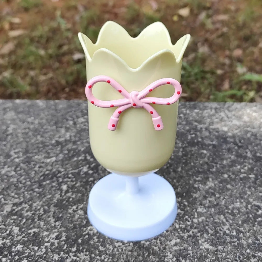 Plastic Flower Vase with Bowknot Aesthetic Decorative Vase Wedding Flower Arrangement DIY Flowerpot Home Office Decor Pen Holder Peaceful Pleasures Health and Wellness Yellow