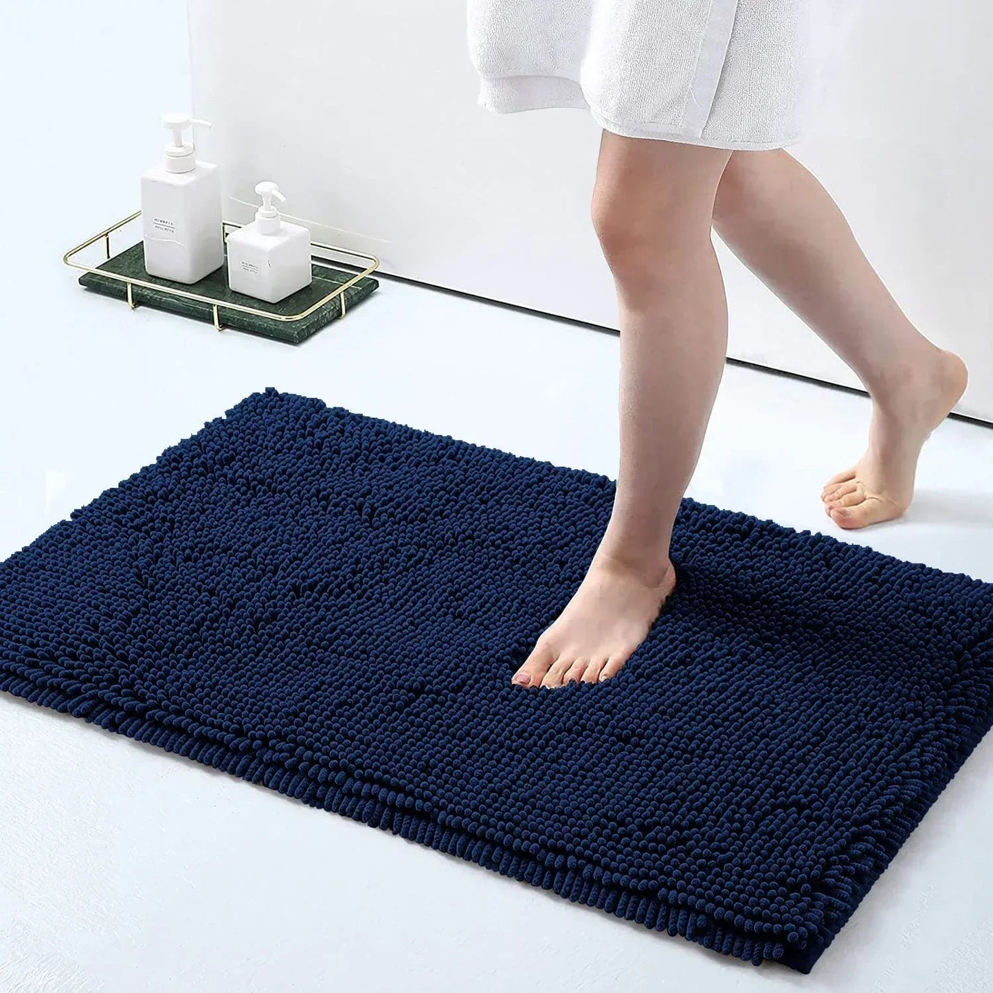 Chenille Soft Plush Bath Mat Super Absorbent Washable Non Slip Bathroom Comfortable Carpet for Shower Toilet Doormat Floor Rugs Peaceful Pleasures Health and Wellness Navy Blue 40x60CM and 50x80CM