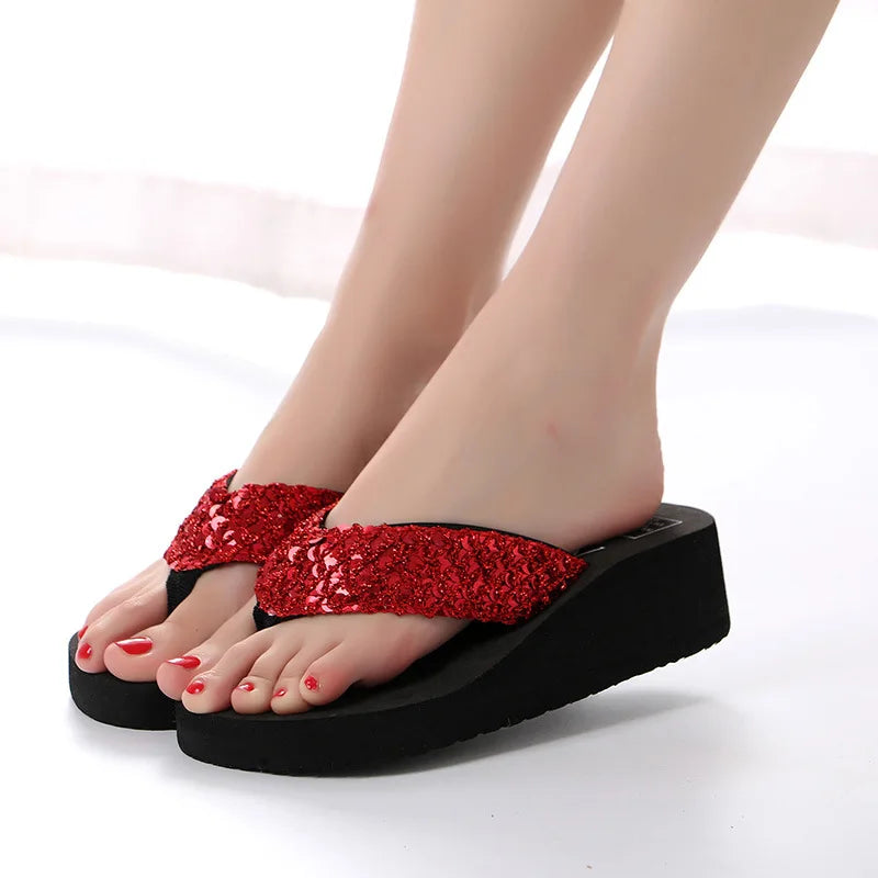 Women's Sequin Platform Wedge Flip Flops – Summer Beach Sandals