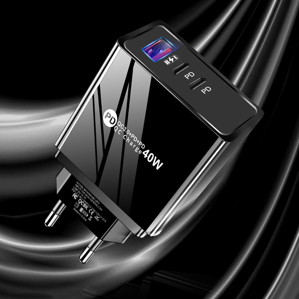 40W 3-Port Fast Charger QC3.0 & Dual PD USB-C Wall Adapter