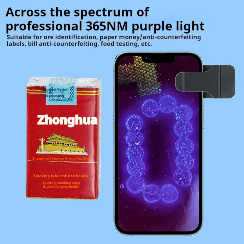 Mobile Phone Microscope 200X Purple Light Identification Portable Rechargeable Gift Peaceful Pleasures Health and Wellness