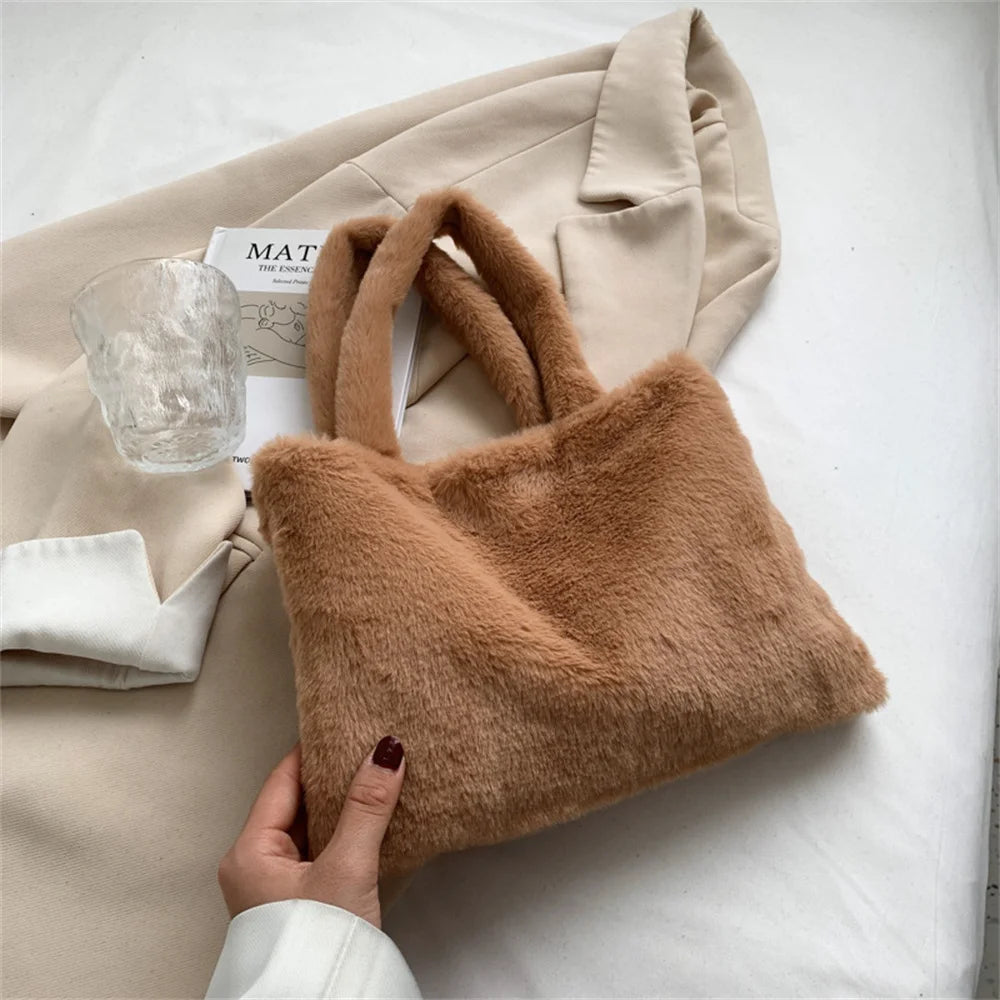 Soft Faux Fur Shoulder Bag Versatile Cute Tote Bag with Purses Female Handbags Women Fluffy Stylish Crossbody Small Square Bag Peaceful Pleasures Health and Wellness Khaki