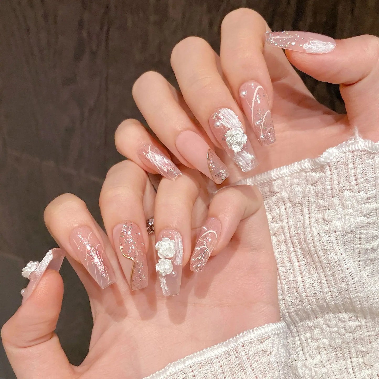 Handmade Sweet Pink Aurora Press on Nails with White Camellia Design False Nails Wearable Reusable Ins Shiny Fake Nail Patches Peaceful Pleasures Health and Wellness S 1