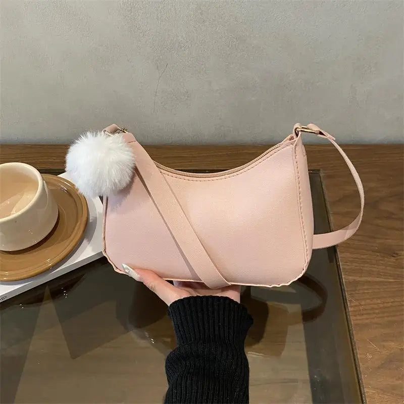 Women's PU Leather Hobo Shoulder Bag with Pom-Pom Charm