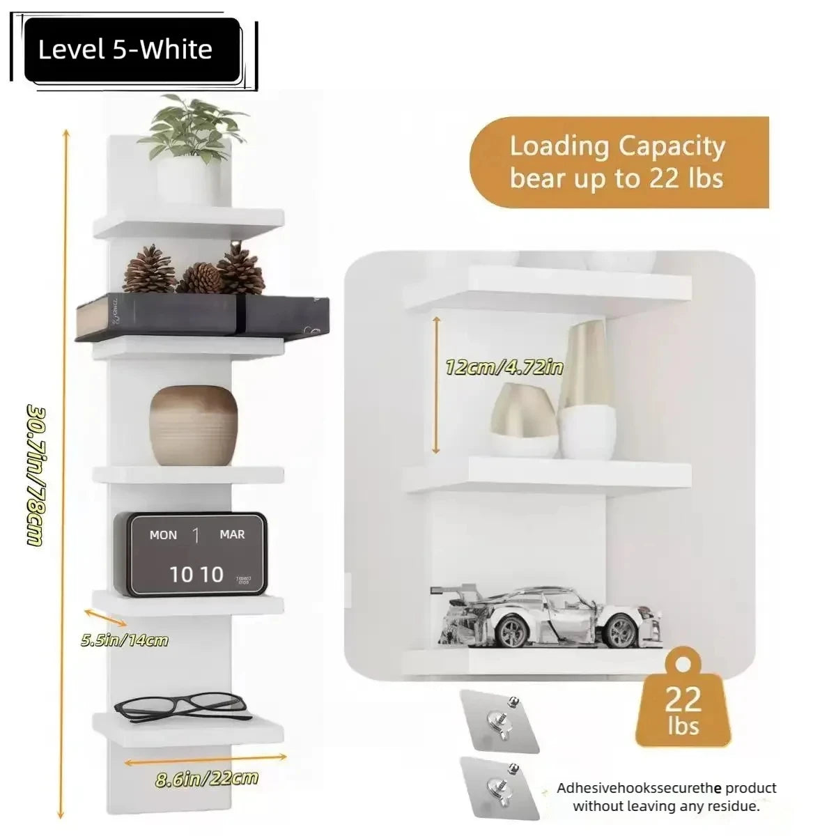 5 Layer Wall Shelf, Vertical Column Storage, Floating Decorative Rack, High Tower Design, Bedroom Living Room Practical Holder Peaceful Pleasures Health and Wellness WHITE