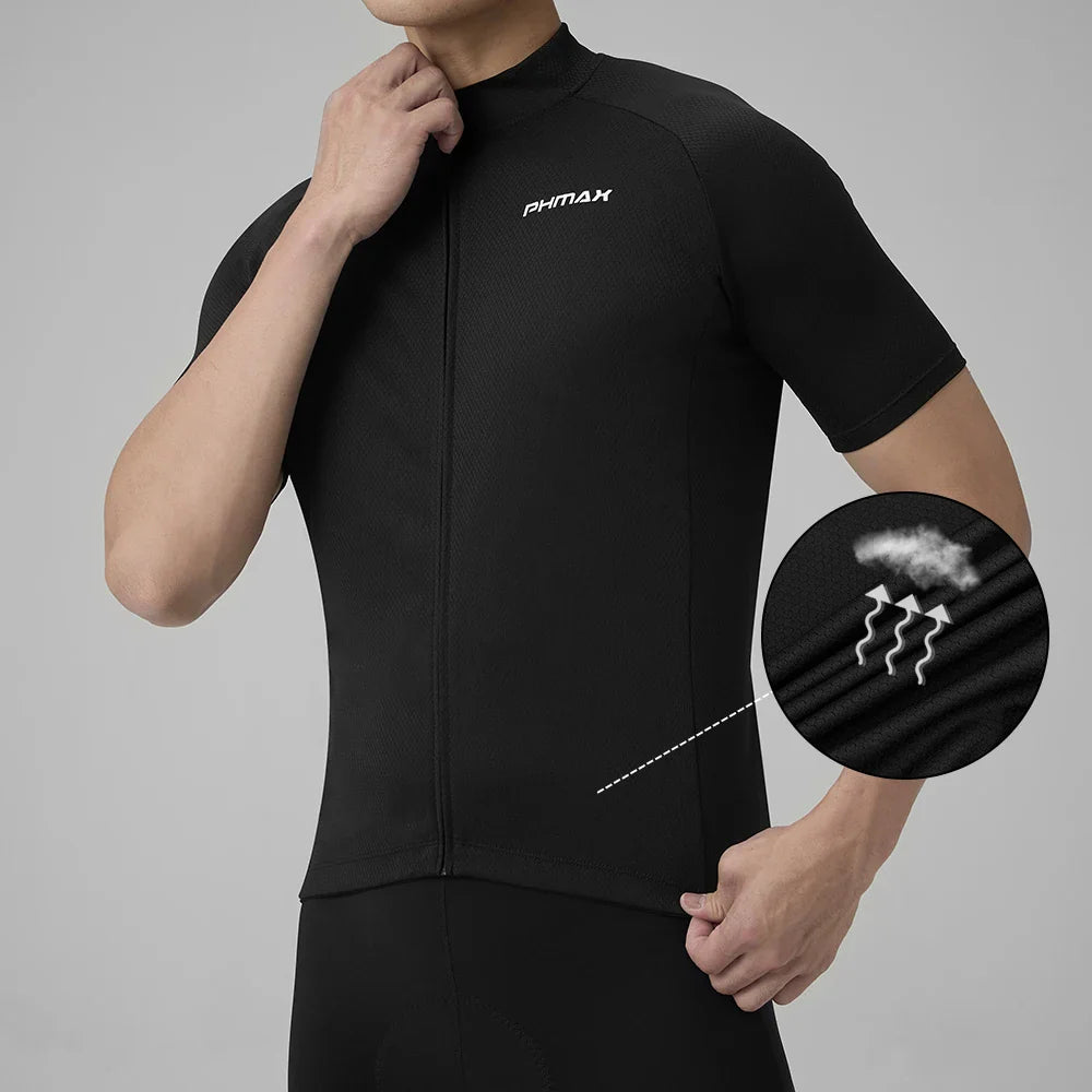 PHMAX Men's Black Cycling Jersey – Short Sleeve, UV Protection