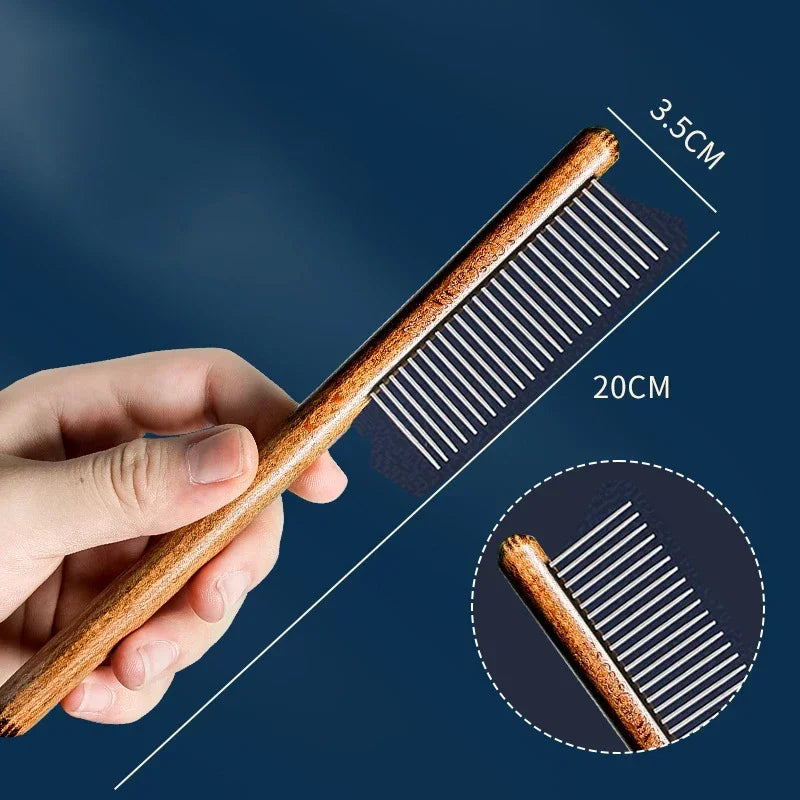 Pet Hair Comb – Wood & Stainless Steel Grooming Brush for Cats & Dogs