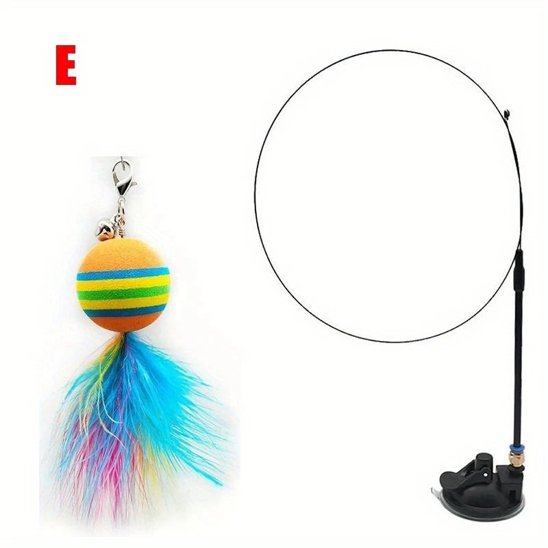 Interactive Cat Feather Wand Toy | Suction Cup & Bells